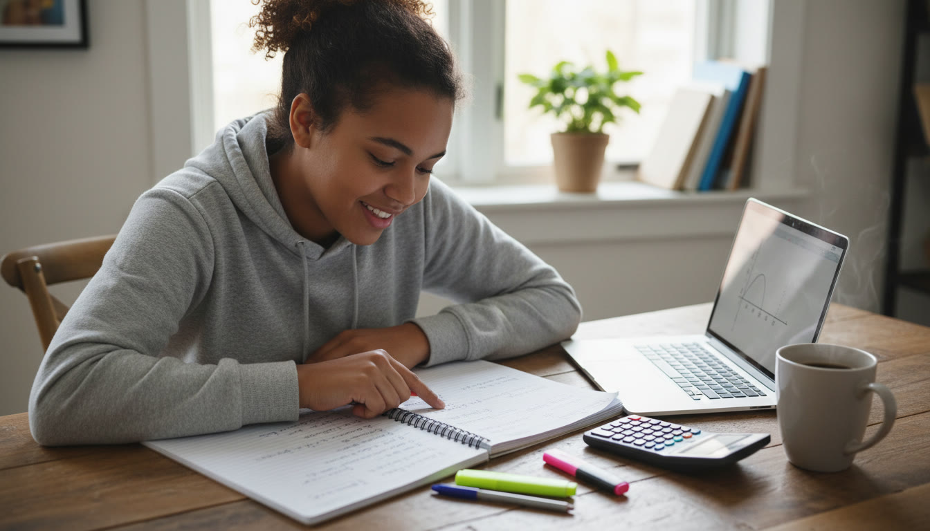Photo Idea : A top‑30% placement image of a diverse high school student studying AP Calculus notes at a cozy kitchen table, laptop open, graphing calculator beside a cup of coffee — warm, focused, relatable.