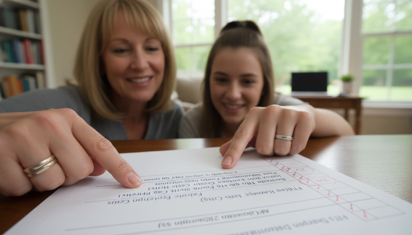 Photo Idea : Close-up of a scored FRQ with rubric checkmarks in the margins and a parent and student discussing the score, highlighting specific evidence and the concise reasoning — focus on hands pointing to a sentence and a calm, encouraging environment.