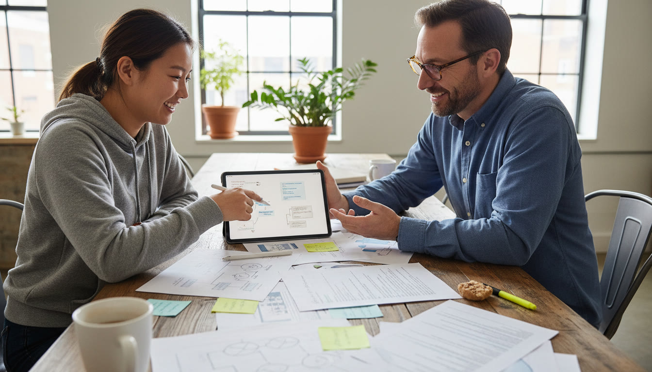 Photo Idea : A student and a tutor reviewing a tablet together with printed process pages laid out on a table — visualizing one-on-one feedback and collaborative planning.