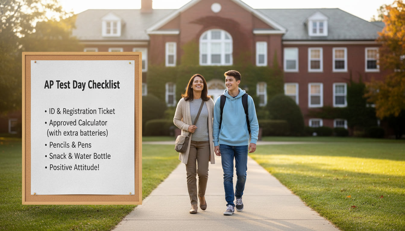Photo Idea : A serene image of a parent and teen walking toward a school building in soft morning light — capturing calm, support, and a sense of shared purpose. Place this near the test-day checklist for emotional resonance.