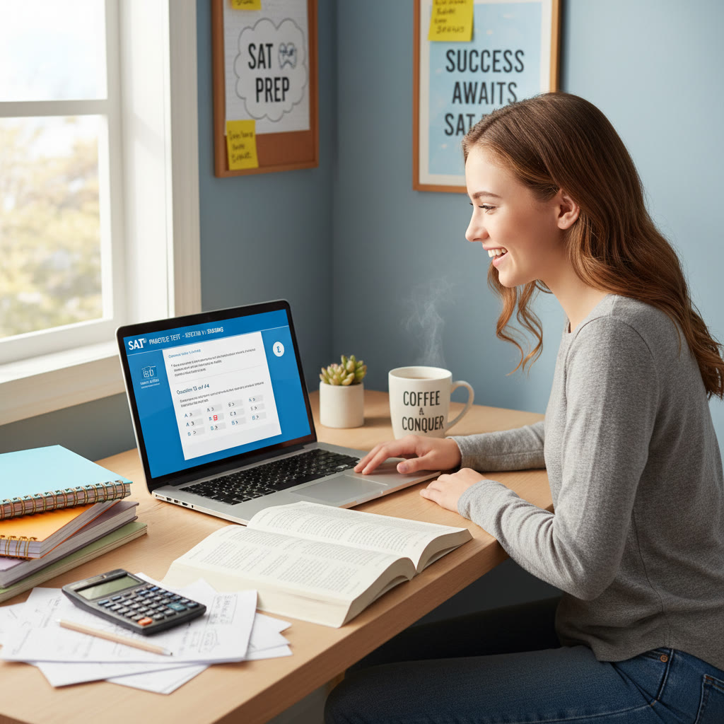 Photo Idea : A focused study scene — a student using a laptop with a digital SAT practice interface open, notes and a calculator nearby, suggesting modern, digital exam prep.