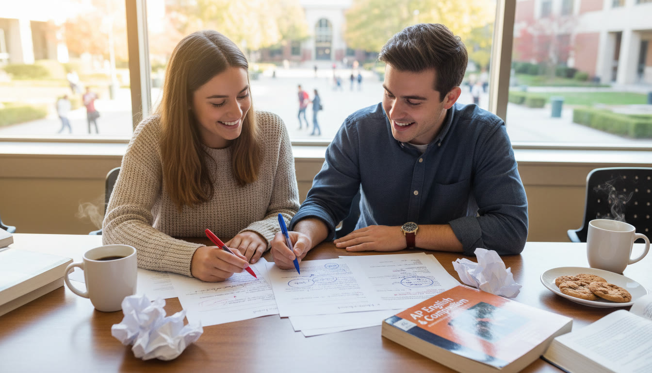 Photo Idea : A student and tutor reviewing a printed draft, marking margins with notes and connecting ideas—visualizes the benefit of 1-on-1 guidance during revision.