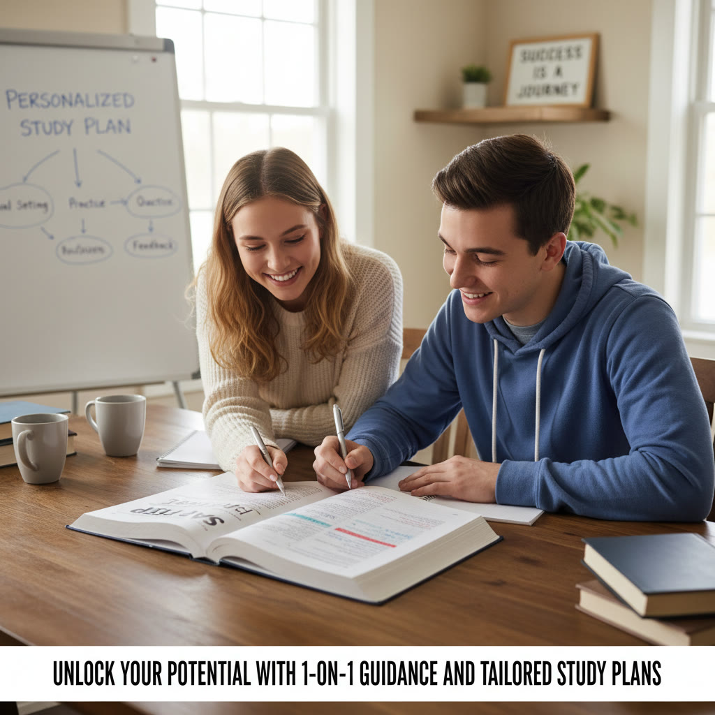 Student working with a tutor: a cozy study scene where a tutor points to an annotated passage as the student marks notes; caption suggests this image to illustrate 1-on-1 guidance and tailored study plans.