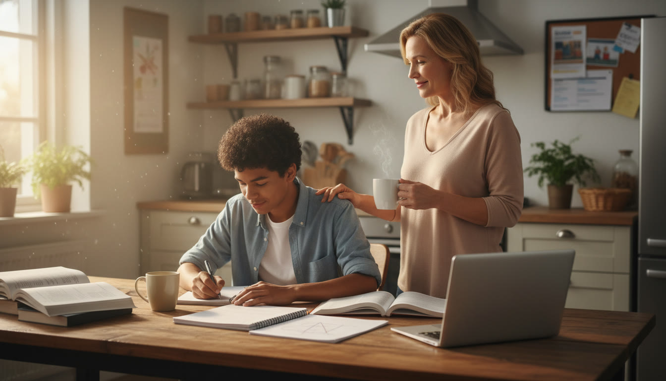 Photo Idea : A warm, natural photo of a teen at a kitchen table surrounded by notebooks and a laptop, with a parent nearby offering a coffee and a gentle smile—captures partnership and calm problem-solving.
