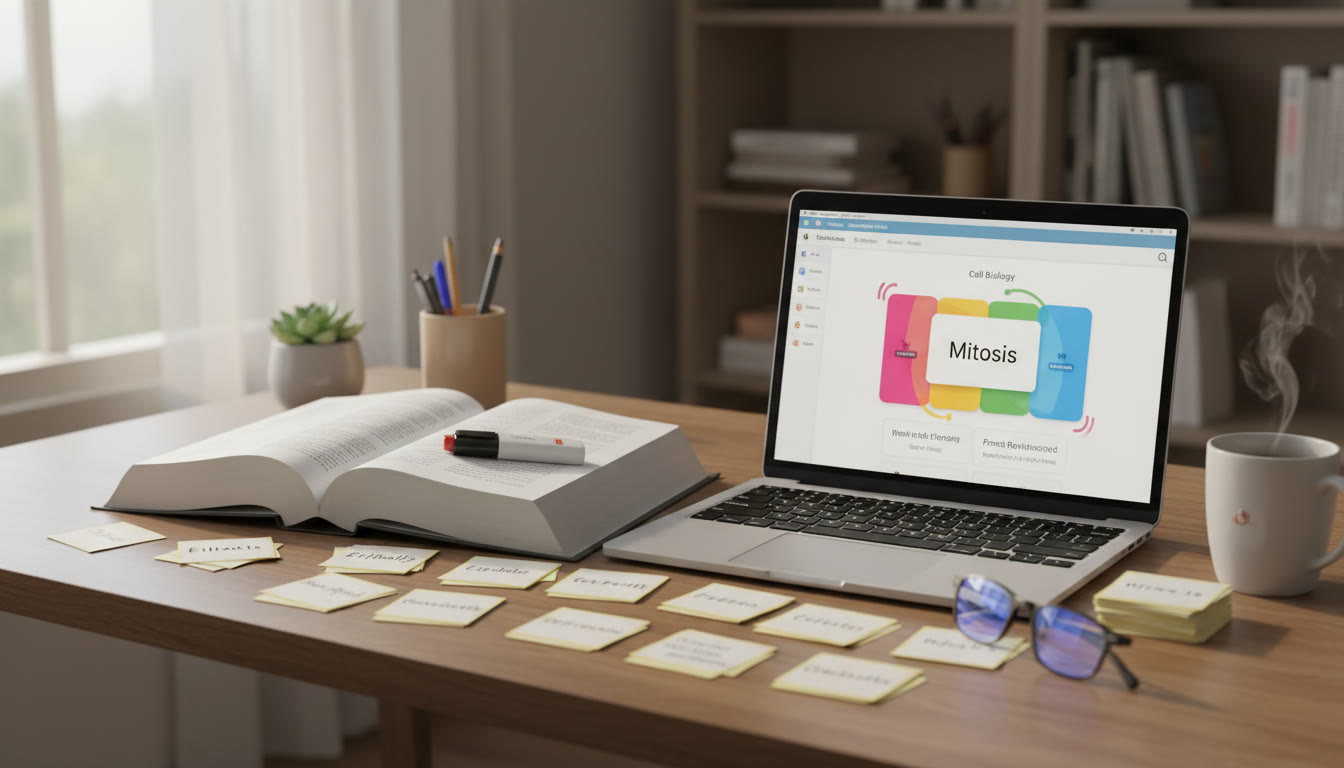 Photo Idea : A tidy study desk with an open textbook, a laptop showing a digital flashcard app, and handwritten flashcards spread out—soft morning light. Captures focused, intentional study for AP students.
