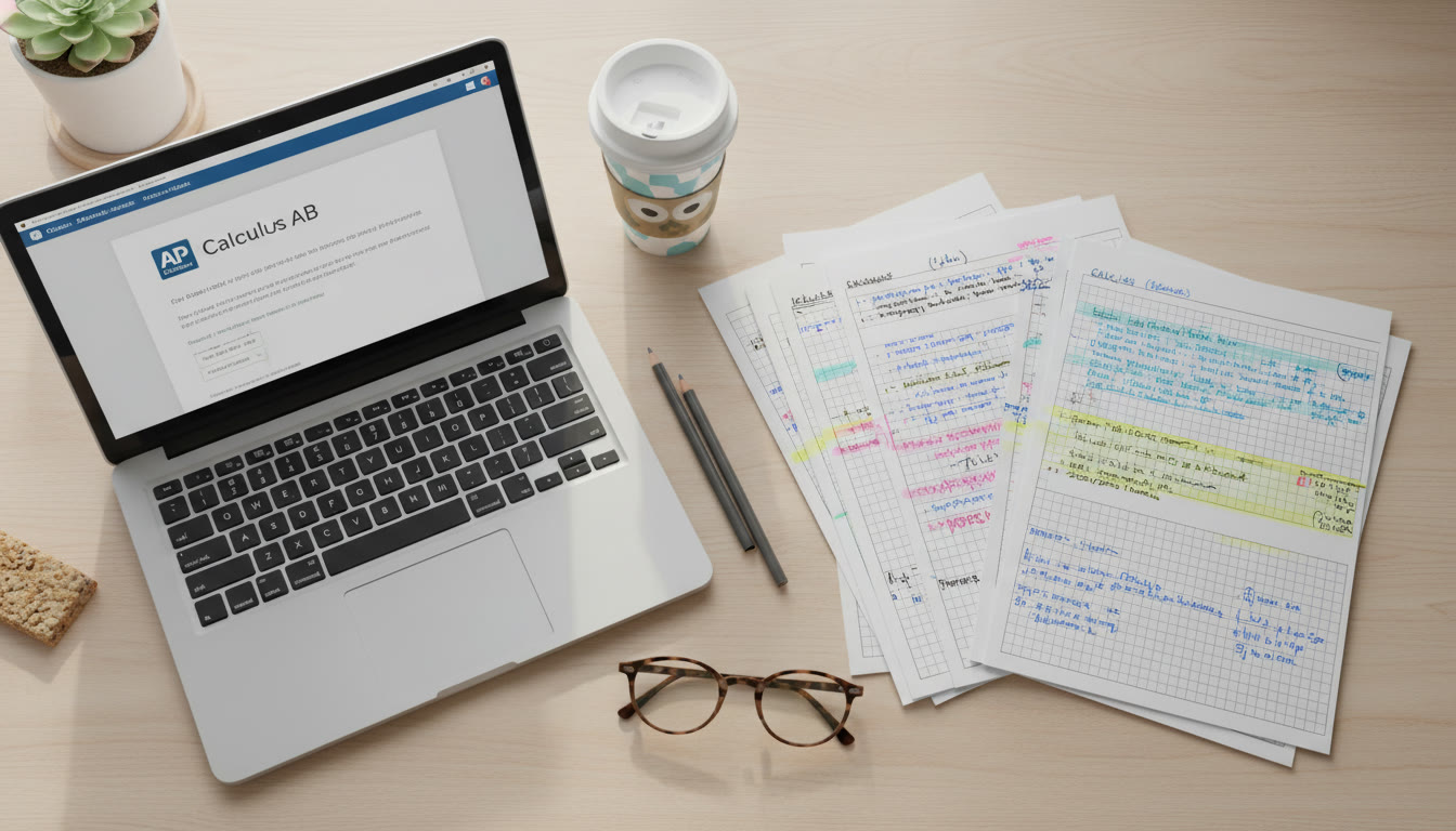 Photo Idea : A top-down shot of a study desk with a laptop open on one side and neatly annotated printed notes on the other, a pair of reading glasses resting on the paper.