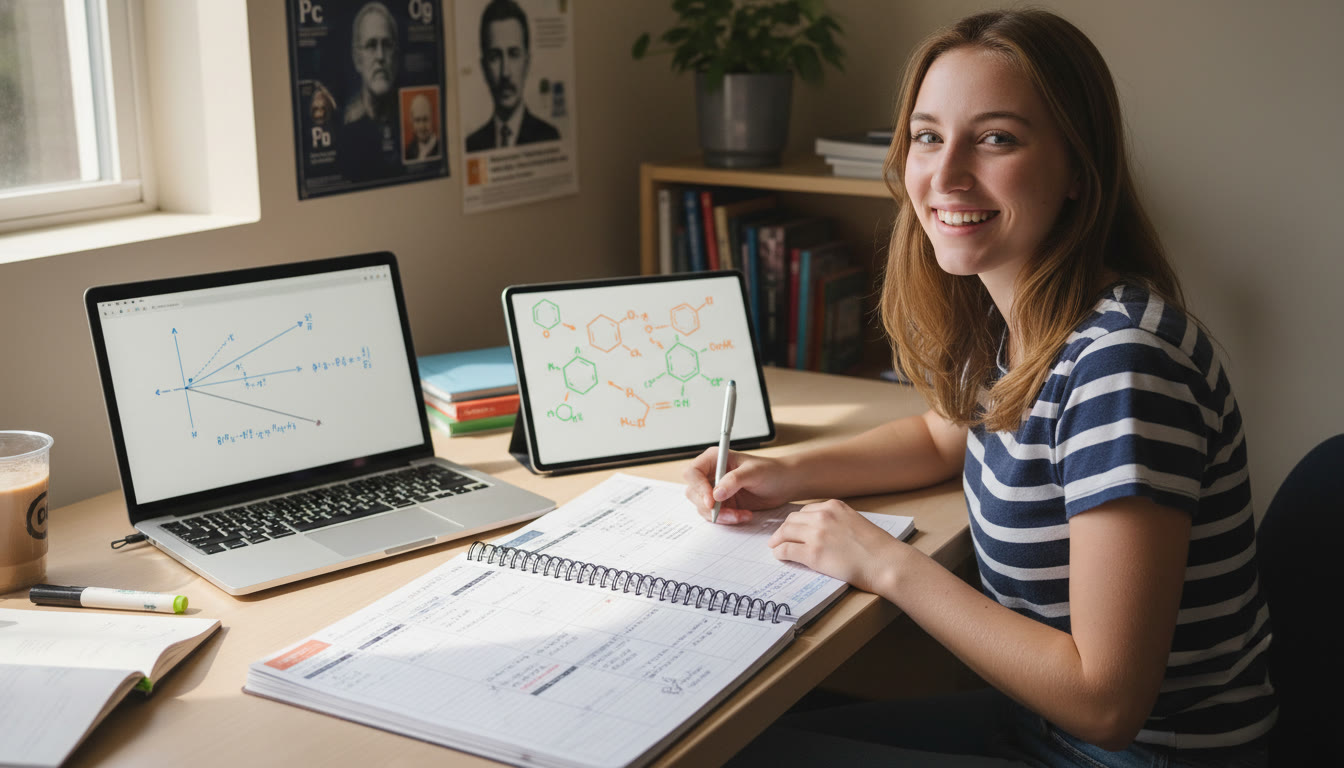Photo Idea : A student at a desk with a laptop showing a physics diagram while a tablet displays a chemistry reaction mechanism — visualizing the crossover skills students develop by taking both APs and how study planning ties them together.