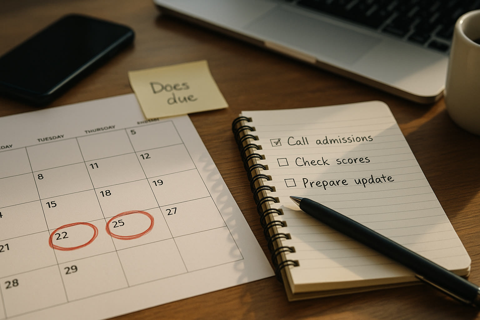 Photo Idea : Close-up of a calendar with application deadlines circled, plus a notebook listing steps: call admissions, check scores, prepare update — evokes organization and action.