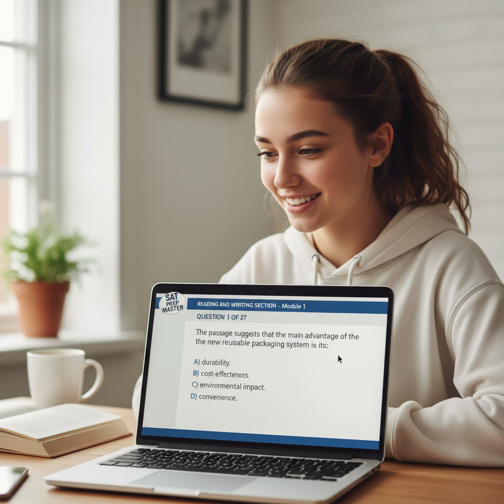 Student at a laptop taking a practice digital SAT; close-up of focused face and on-screen practice question