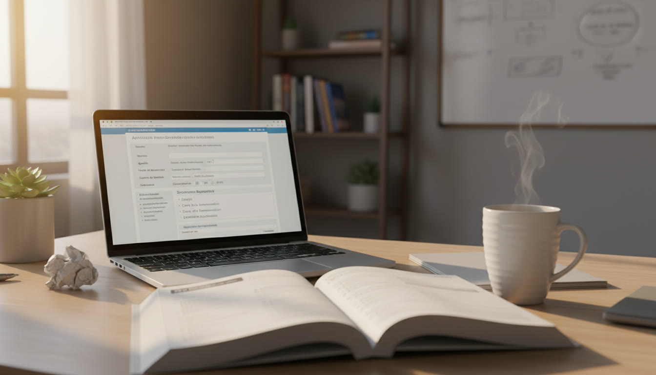 Photo Idea : Close-up image of a study desk with an SAT practice booklet, a laptop displaying a university application form in Spanish, and a cup of coffee — warm, focused atmosphere.