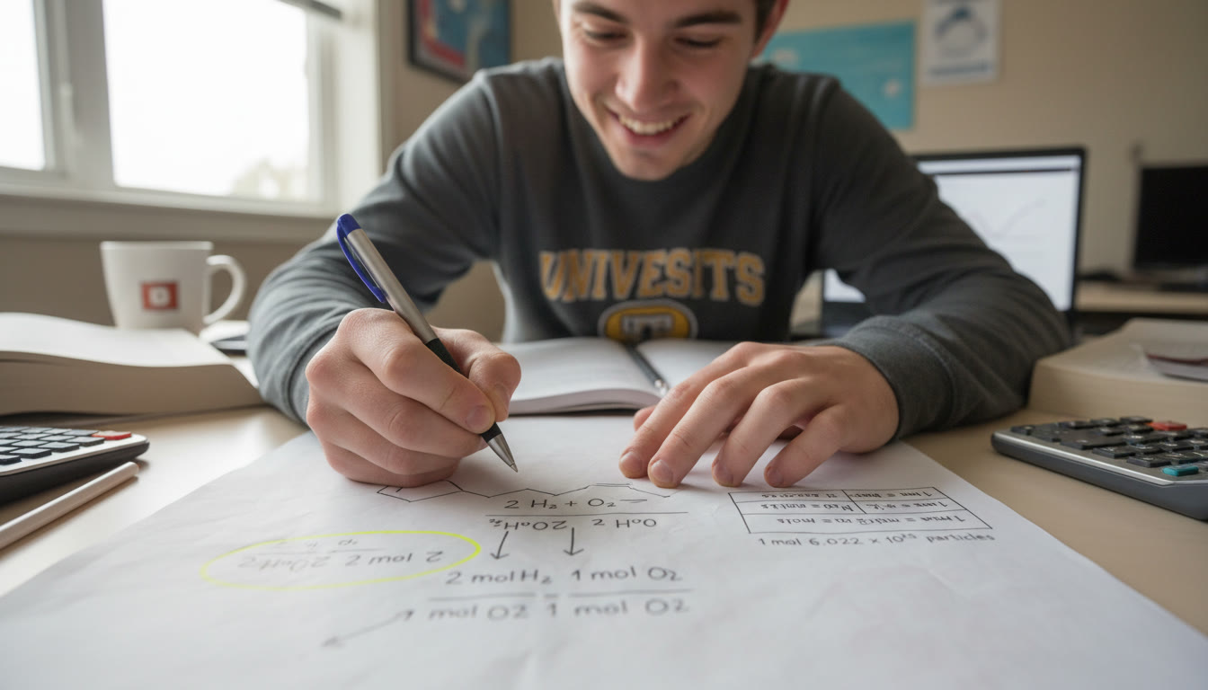 Photo Idea : Close-up of a student writing a stoichiometry solution on scratch paper with a balanced equation at the top, mole ratio highlighted, and a small table of conversions visible — conveys problem-solving action.