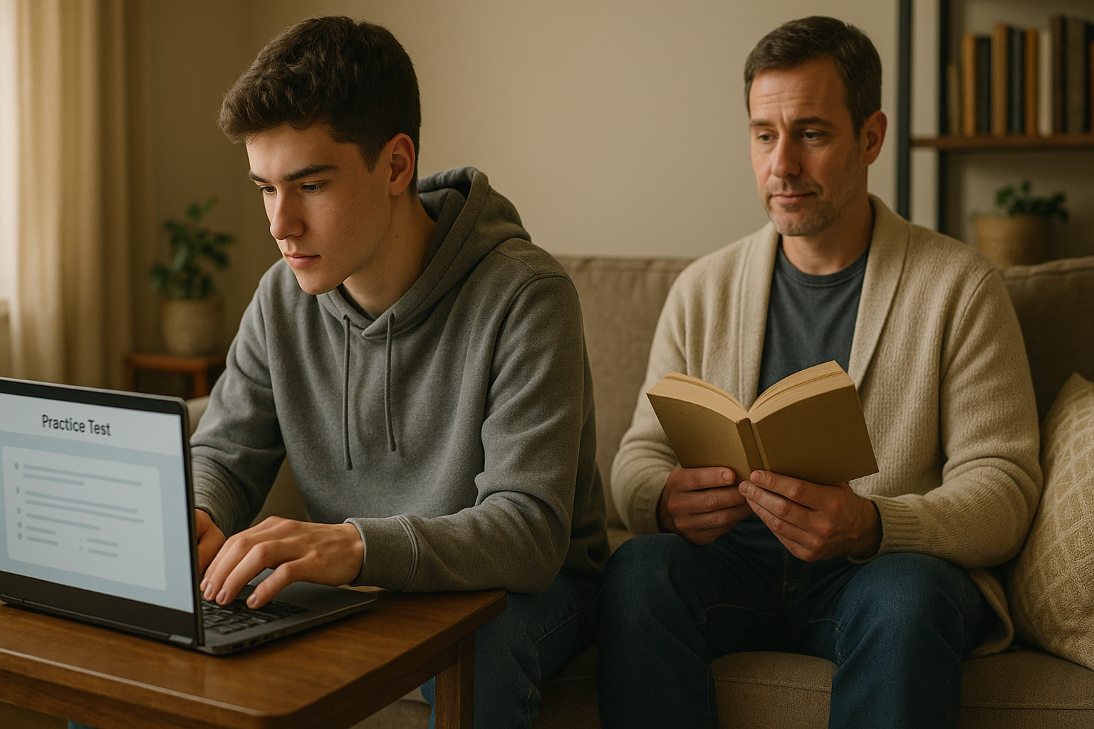 Photo Idea : A candid scene of a teen at a laptop practicing for the Digital SAT, with a parent sitting nearby on the couch reading a book—physically close but not leaning over the shoulder.