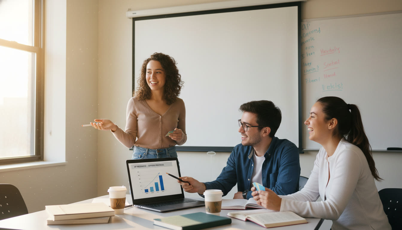 Photo Idea : A small group in a study room rehearsing an oral defense with a laptop projecting slides, showing collaboration and practice — ideal for the section about presentation and seeking help.