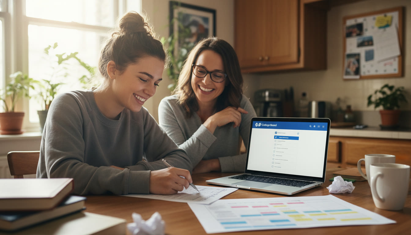 Photo Idea : A parent and student reviewing an application checklist together at a kitchen table, with a laptop open to an application portal and a printed study timeline nearby.