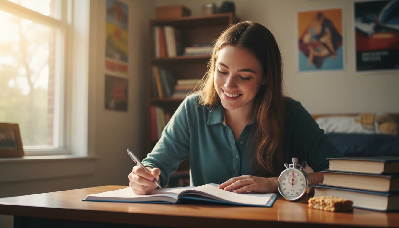Photo Idea : A student seated at a desk with a Bluebook test booklet and a stopwatch visible, capturing the quiet intensity of exam preparation. Use natural light and a shallow depth of field to emphasize focus.