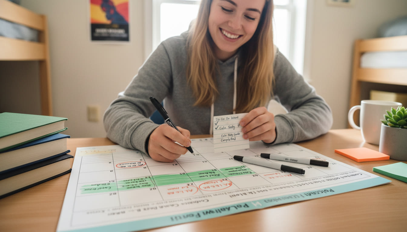 Photo Idea : A calendar spread showing test dates, application deadlines, and study blocks; a student checking off milestones to convey organized planning.