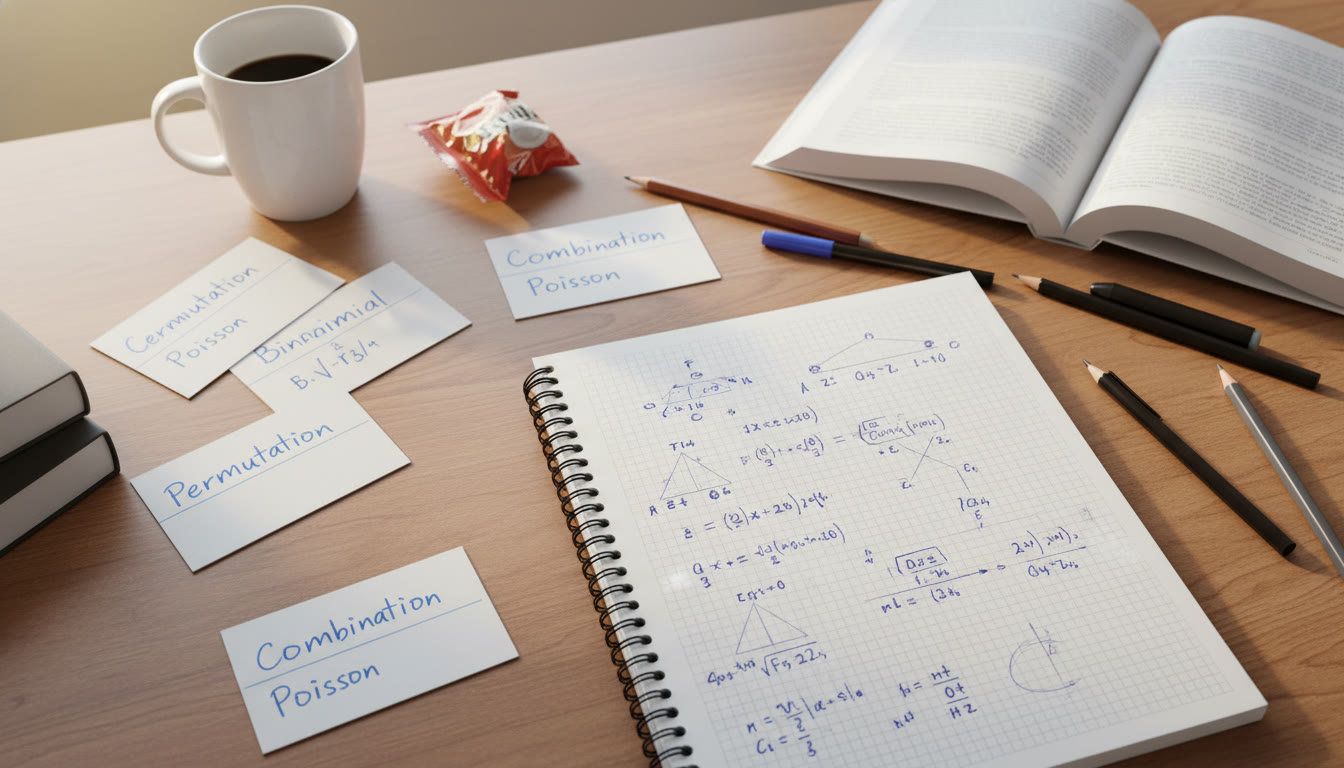 Photo Idea : A top-down photo of a student’s desk with scattered index cards labeled “Permutation”, “Combination”, “Binomial”, “Poisson”, and a notebook with problem sketches — warm lighting, slightly messy, showing active problem solving.