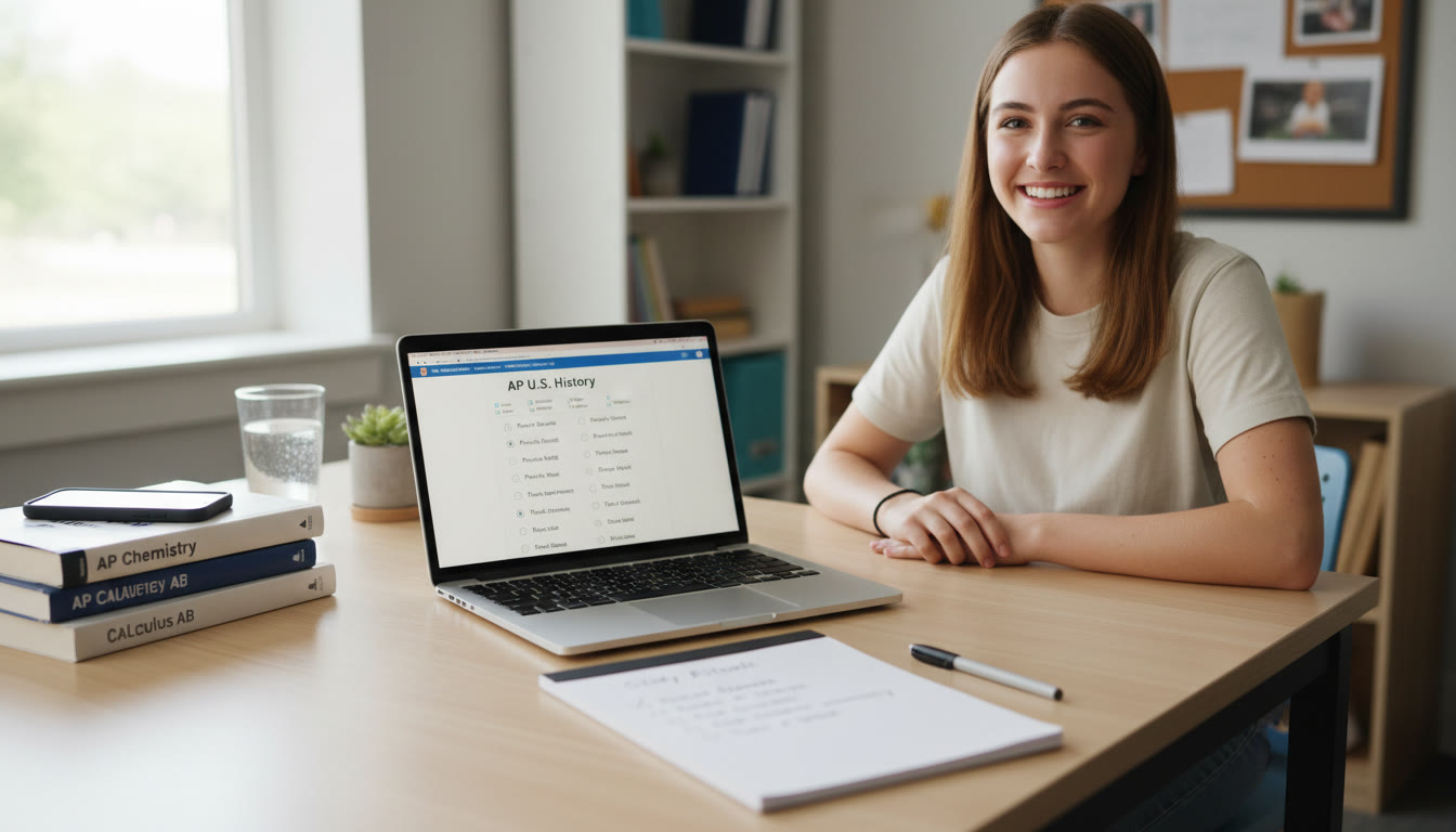 Photo Idea : A student at a tidy desk, phone face-down and a laptop open to practice questions; natural light and a notebook with a visible study ritual checklist.