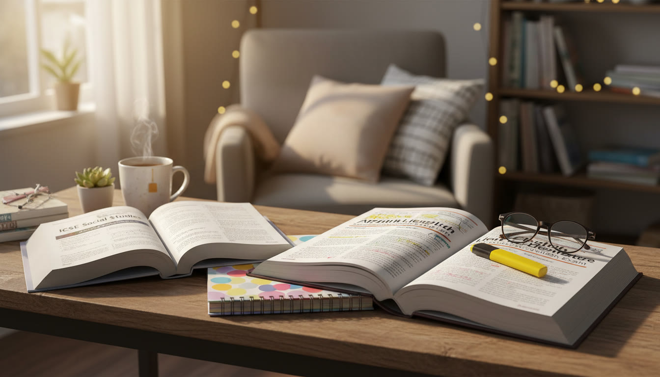 Photo Idea : A cozy study corner with an open ICSE textbook and an AP exam prep book side-by-side, showing notes and a highlighter—conveys the bridge between curricula.