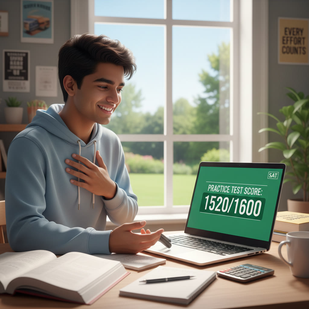 Student sitting at a desk, looking at a practice test score on a laptop, taking deep breaths—an image capturing emotional pause and reflection.
