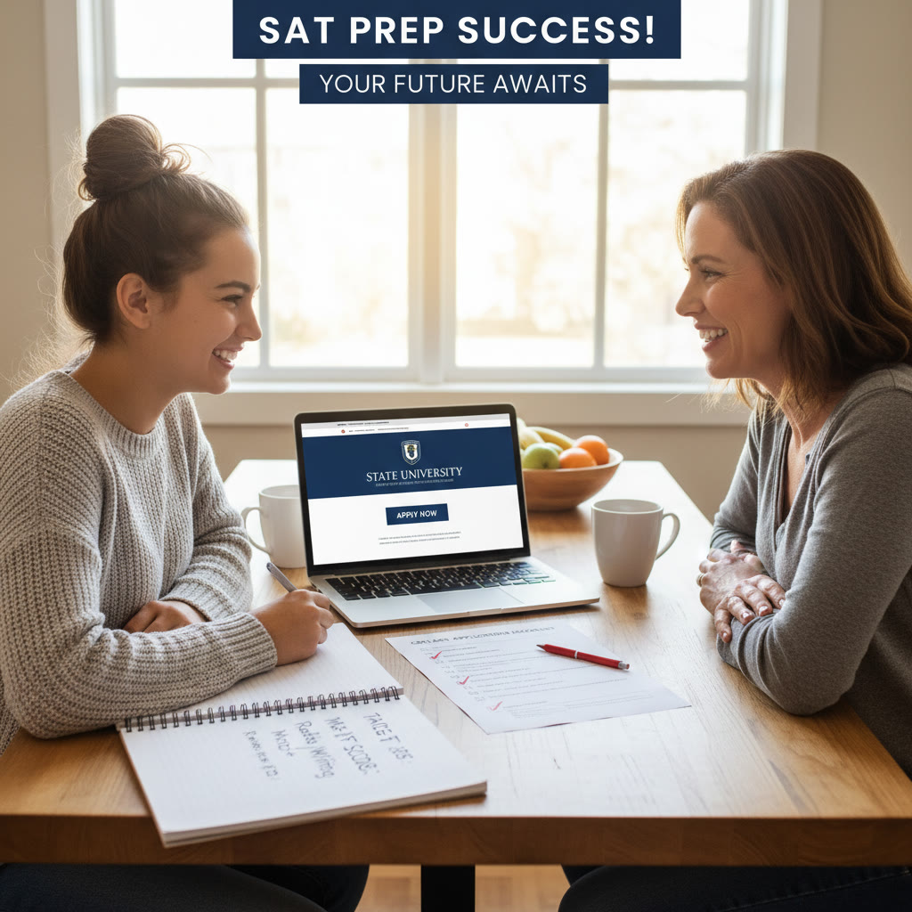 Photo Idea : A high school senior and a parent reviewing a college application checklist together at a kitchen table, with a laptop open to a university admissions page and a notebook of target SAT scores.
