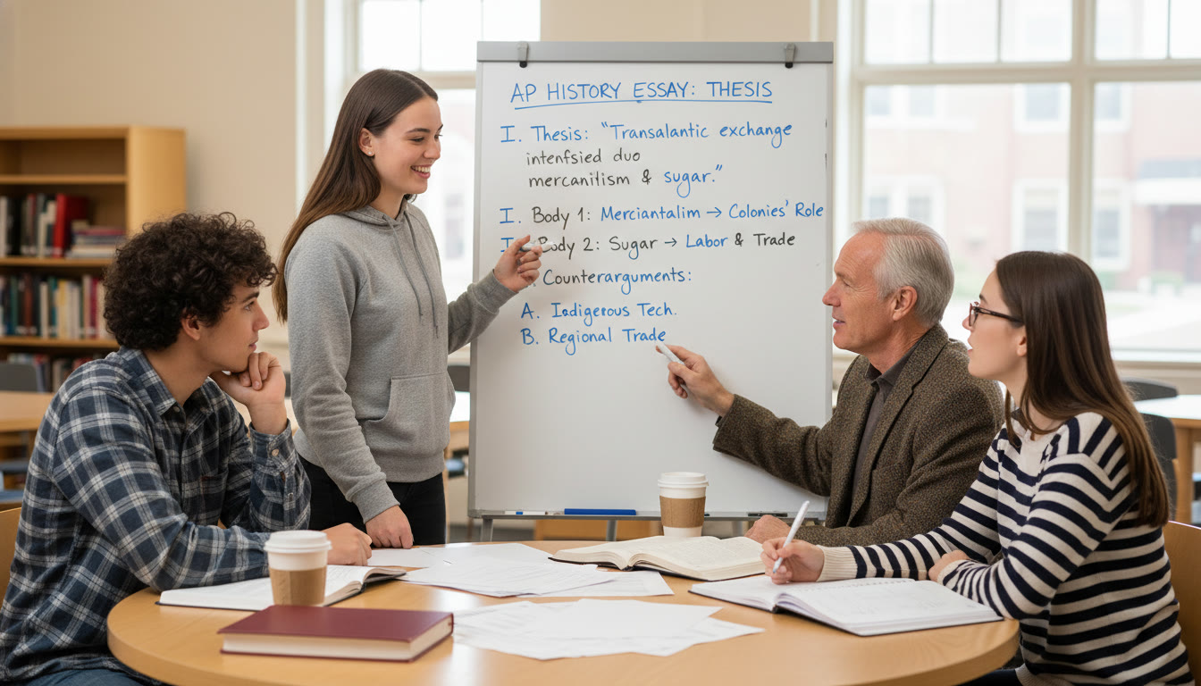 Photo Idea : A small group tutoring session: one student presenting a thesis while a tutor and two peers listen, with notes on a whiteboard showing an outline and counterarguments — to illustrate collaborative practice and targeted feedback.