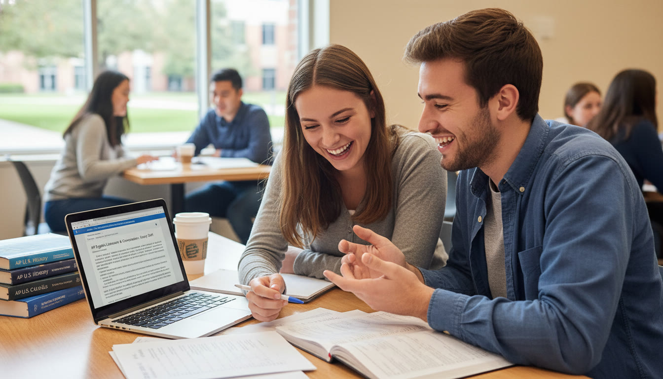 Photo Idea : A tutor and student discussing an essay at a table with notes and a laptop—showing collaborative, personalized coaching in action.