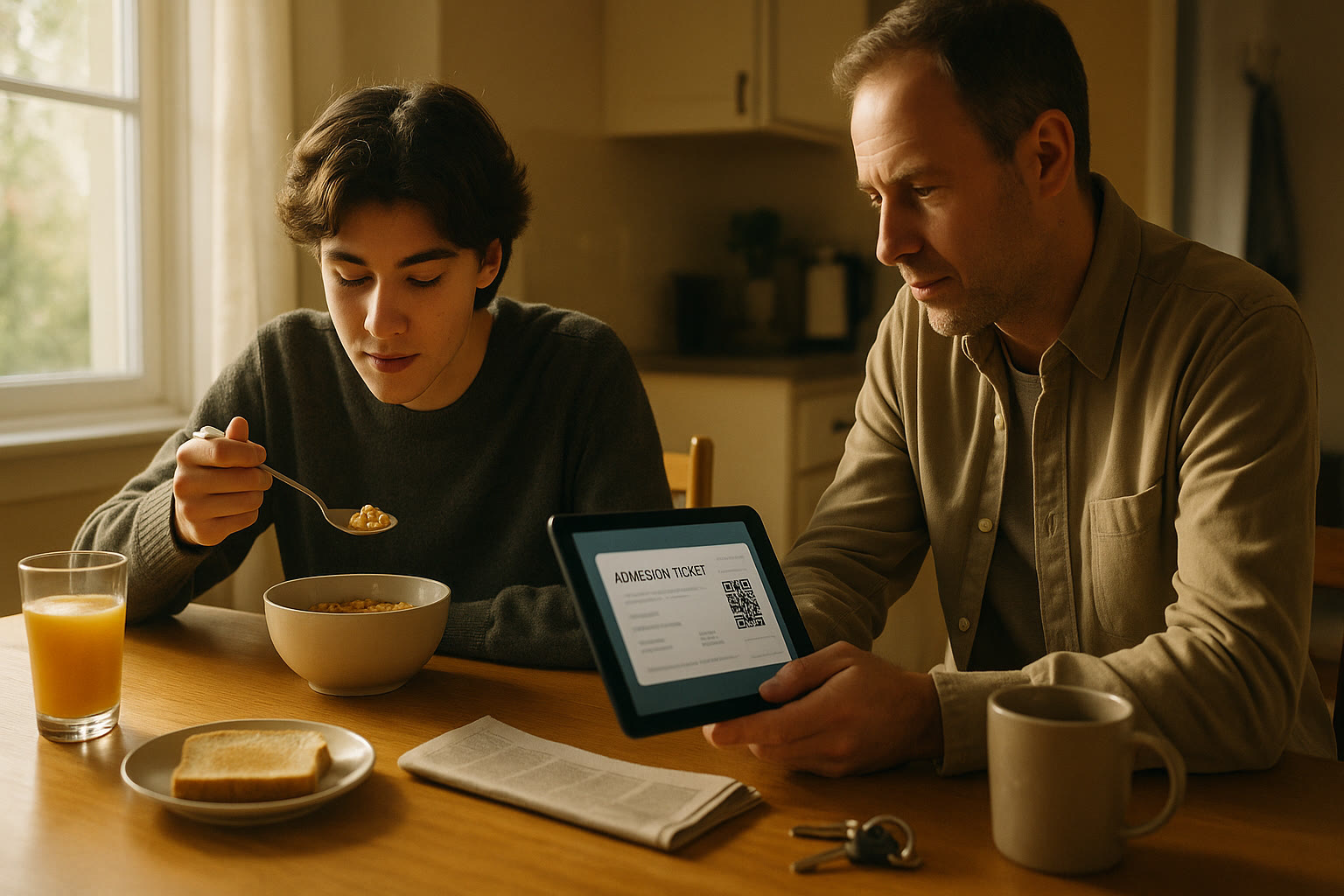 Photo Idea : A calm morning scene at a kitchen table — a student eating breakfast, a parent checking an admission ticket on a tablet, a backpack ready by the door.