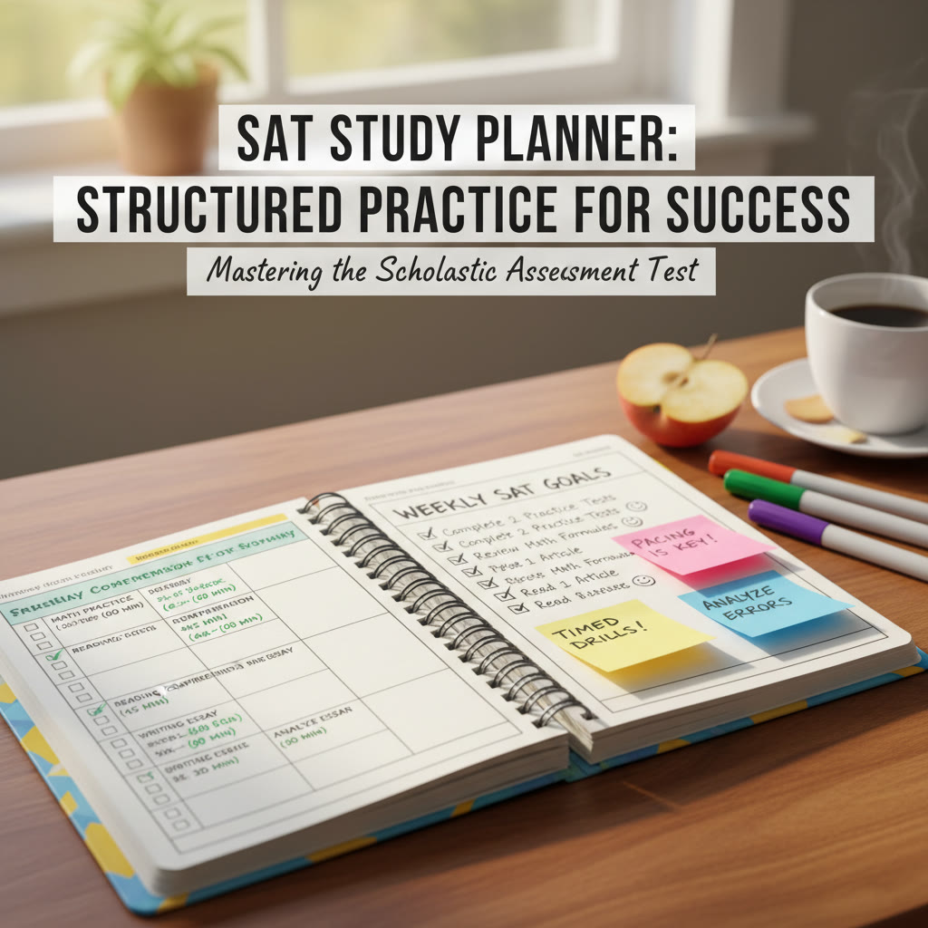 Close-up of a study planner with timed blocks, a checklist, and notes, illustrating structured practice and pacing strategies
