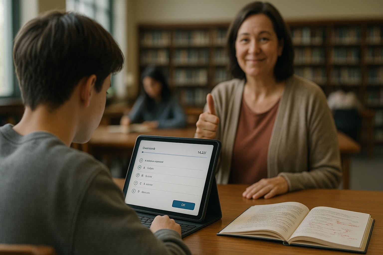 Photo Idea : A candid scene of a student in a quiet library study space doing a digital SAT practice test on a tablet, with a visible notebook of corrections and a parent offering a supportive thumbs-up in the background.