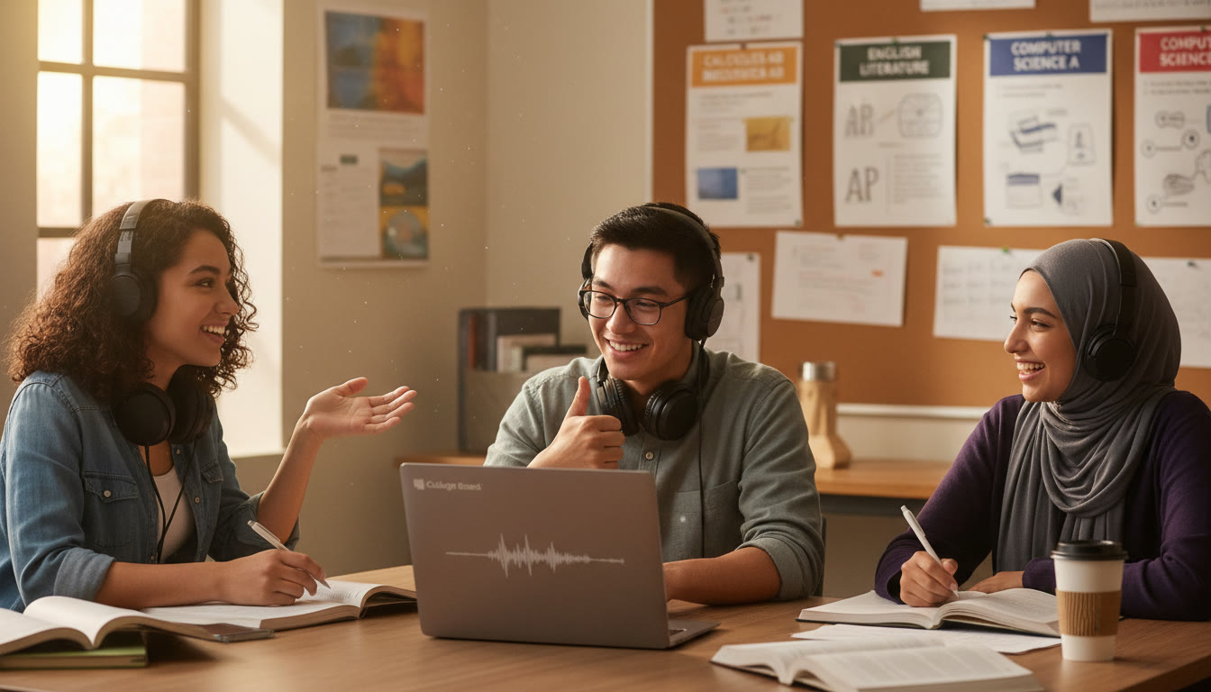 Photo Idea : A small group of high school students sitting in a cozy classroom, headphones on, smiling as they discuss an audio clip played on a laptop. Natural light, diverse group to emphasize inclusivity.