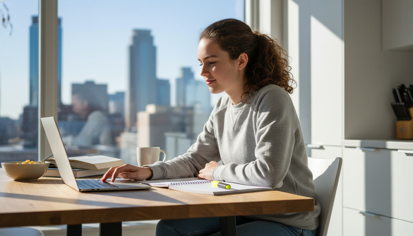 Photo Idea : A bright, candid photo of a Minneapolis high school student studying with a laptop and notebook at a sunny kitchen table, city skyline faintly visible through the window. Shows focused, calm preparation.