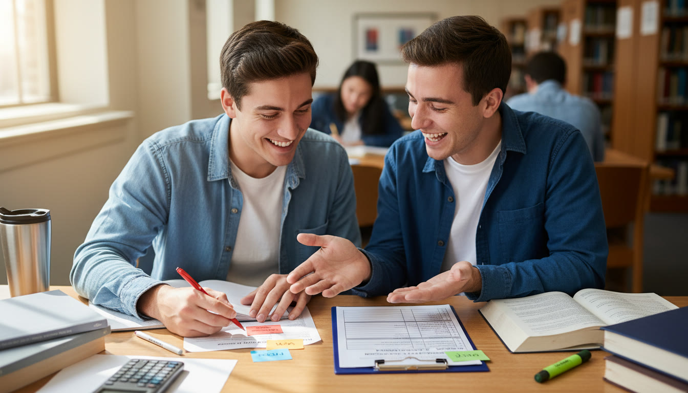 Photo Idea : A tutor and student reviewing an exam on a table with a visible checklist and colored tags—illustrates personalized tutoring and skill tagging in action.