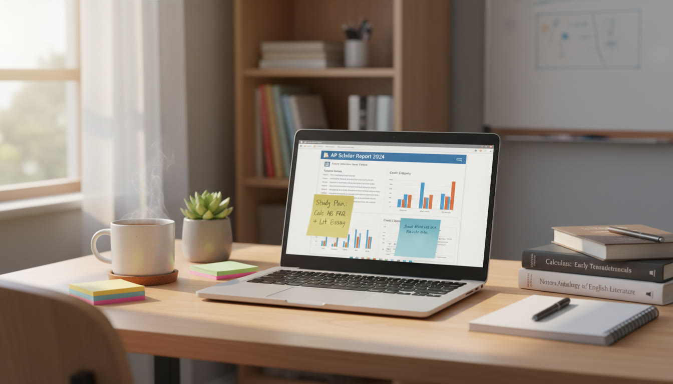 Photo Idea : A bright, cozy study desk with an open laptop showing a PDF report, sticky notes, and a cup of tea โ evokes calm, organized study habits.