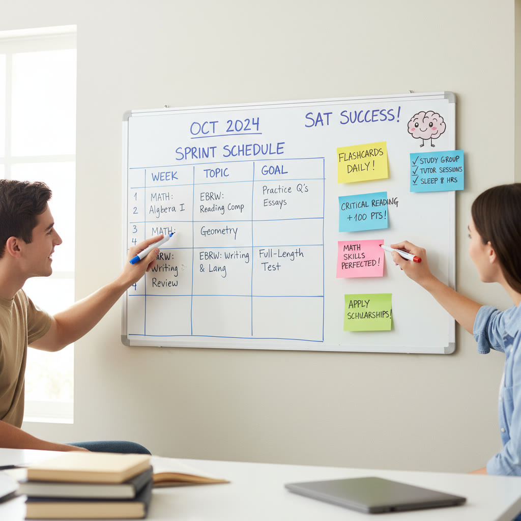 Whiteboard with a simple sprint schedule and sticky-note goals — illustrates planning and accountability for SAT sprints.