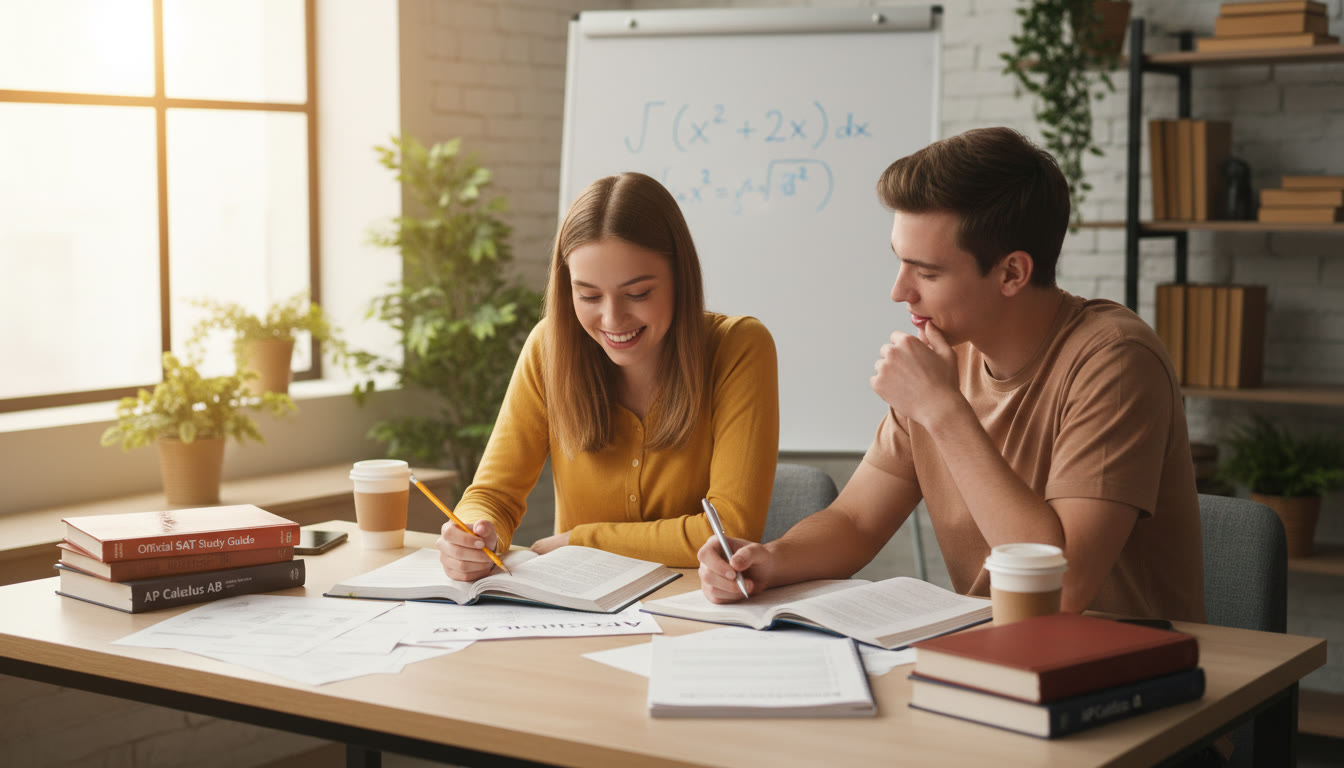 Photo Idea : A candid shot of a tutor and a student working together over a practice SAT section and AP notes whiteboard with a math problem in the background; warm, collaborative atmosphere.