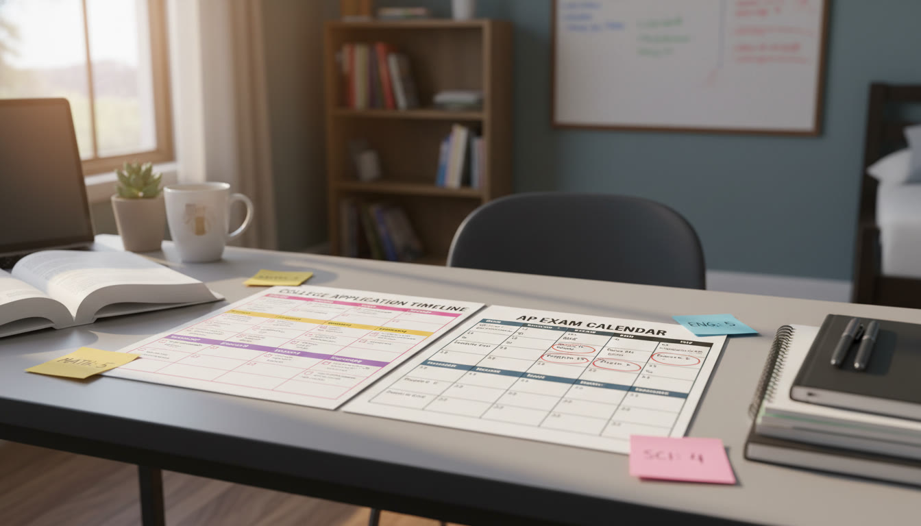 Photo Idea : A desk with a neat application timeline, AP exam calendar, and sticky notes showing target scores — visually reinforces planning and deadline awareness.