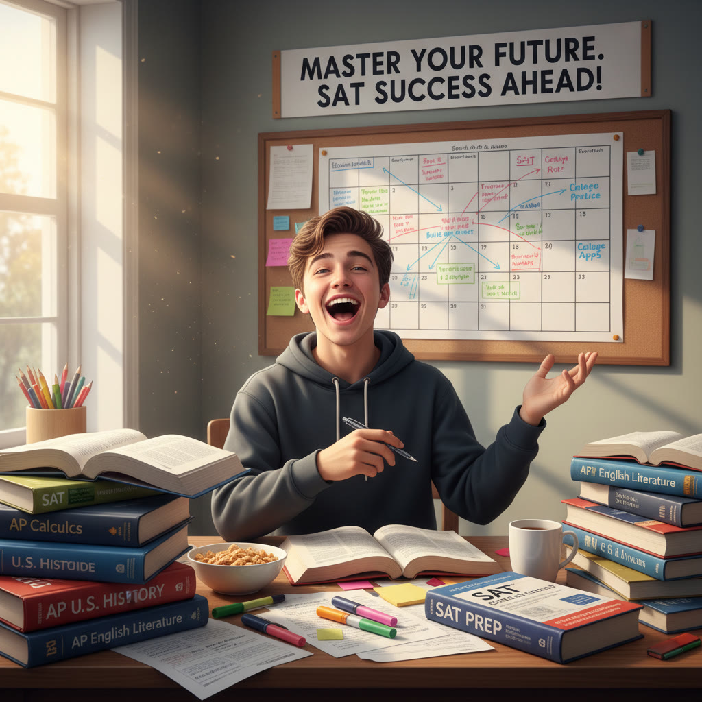 Student at a cluttered desk with AP textbooks and SAT prep materials, annotated calendar in the background suggesting time blocking and multitasking strategies.