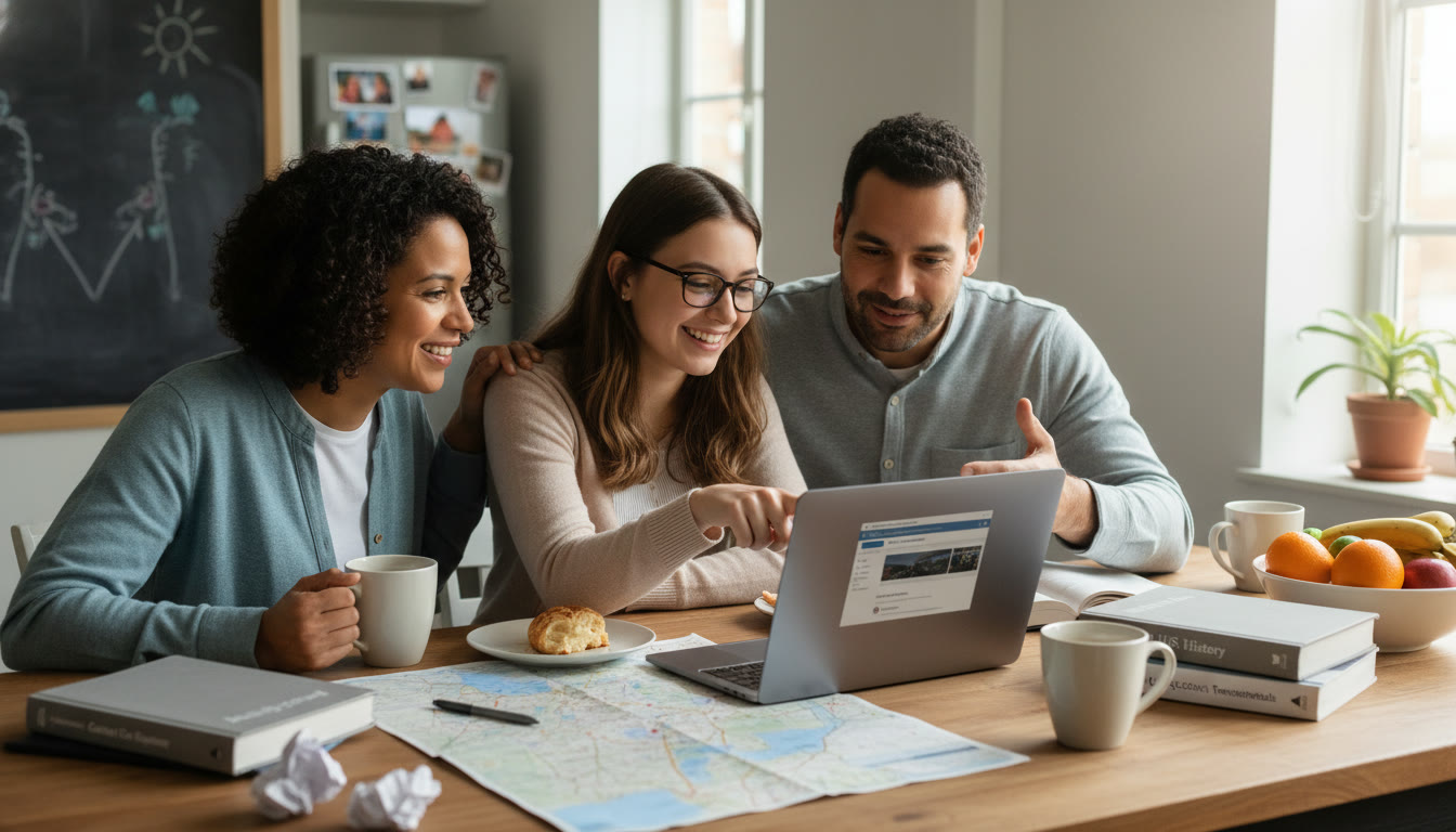 Photo Idea : A warm, candid photo of a first-generation family gathered around a kitchen table with a laptop, textbooks, and a cup of coffee capturing planning, partnership, and hope.