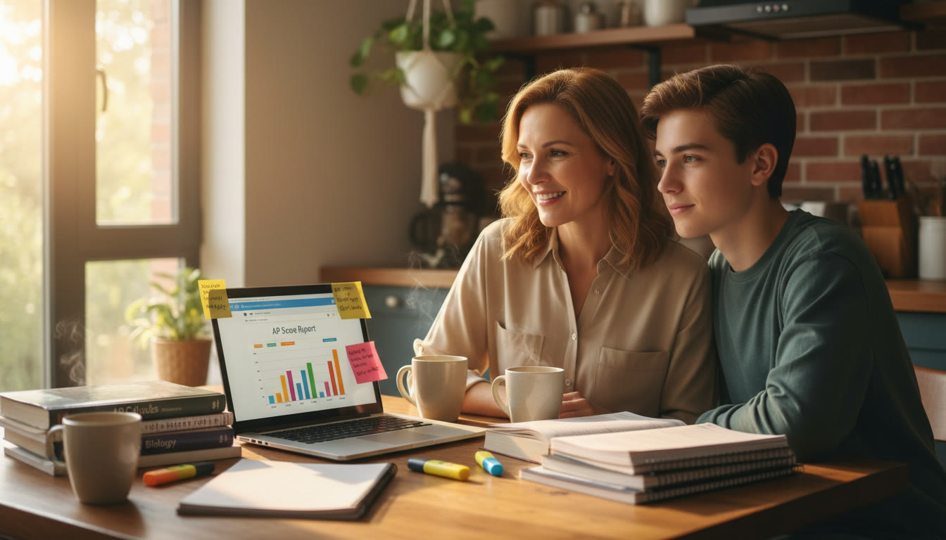 Photo Idea : A calm, confident parent and teen at a kitchen table reviewing AP score reports on a laptop, surrounded by notes and highlighters — warm natural light, genuine expressions.