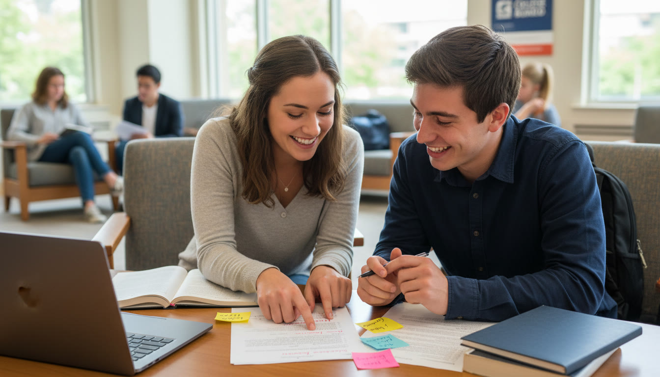 Photo Idea : Close-up of a tutor and student discussing a printed essay with redline edits and sticky notes — visualizes 1-on-1 feedback later in the article.