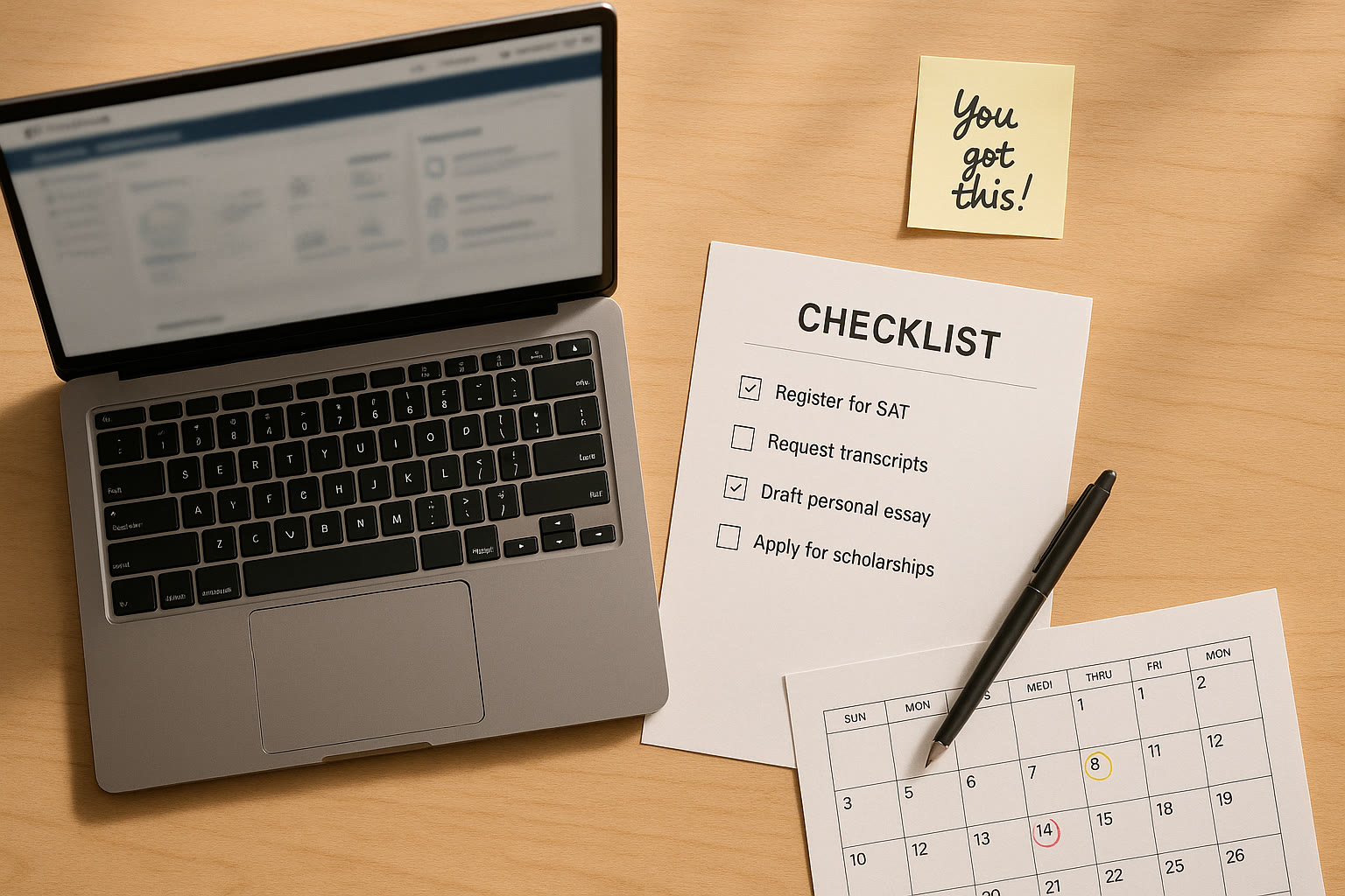 Photo Idea : An organized flat lay of a laptop with the College Board dashboard on screen (blurred), a printed checklist, a calendar with highlighted dates, and a pen — crisp, motivational, slightly staged.