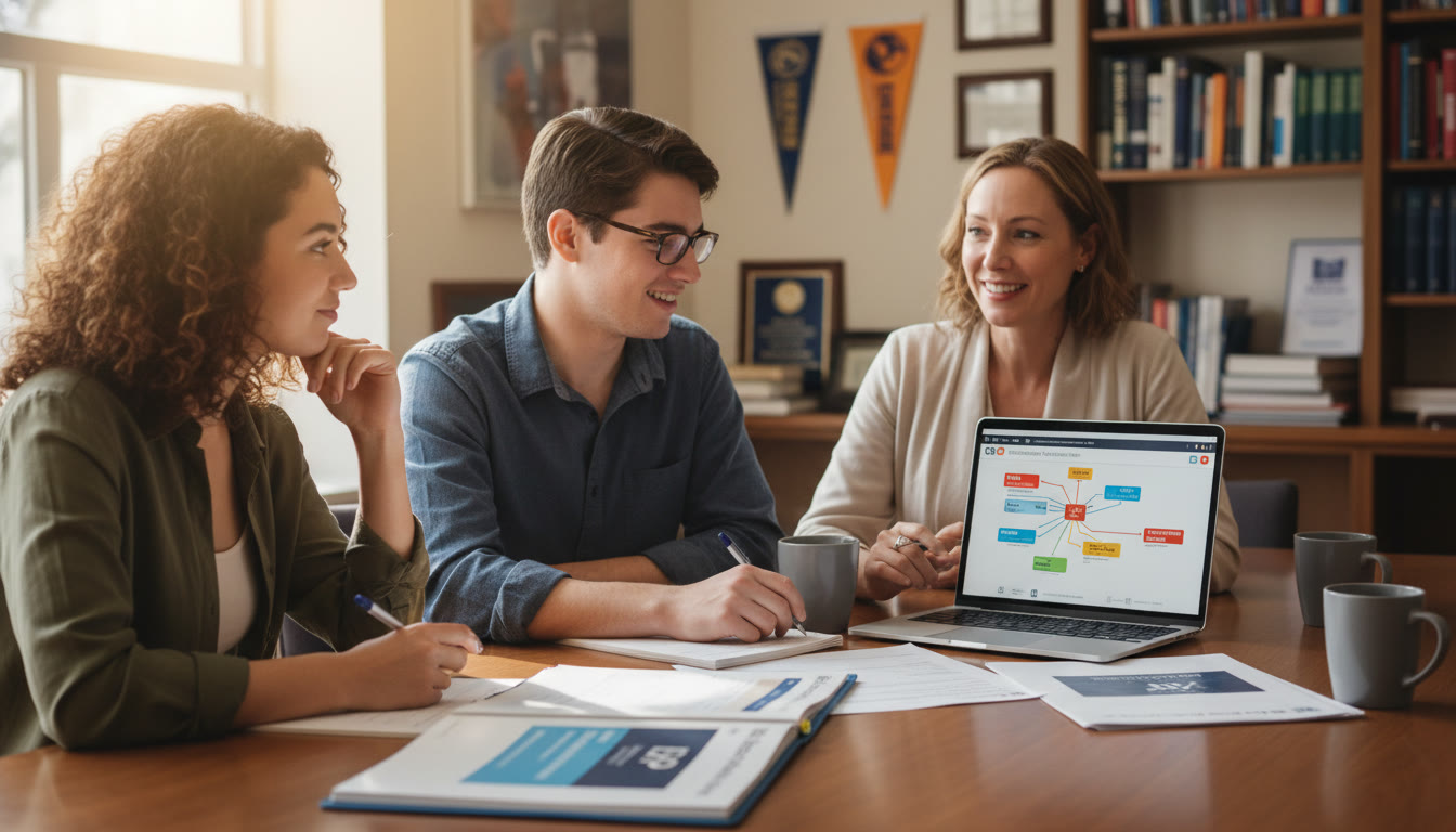 Photo Idea : A small-group advising session around a table — two students and an advisor reviewing a course plan, AP score reports, and a laptop showing a degree map — illustrating the practical, human side of mapping AP to core requirements.