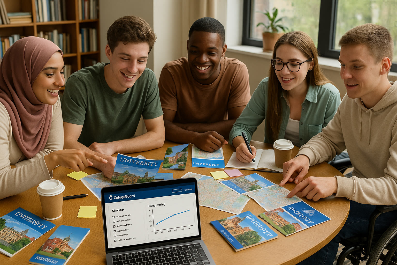 Photo Idea : A diverse group of students sitting at a round table, maps and brochures of European universities spread out, with a laptop showing a College Board dashboard — illustrating collaborative planning for applications.