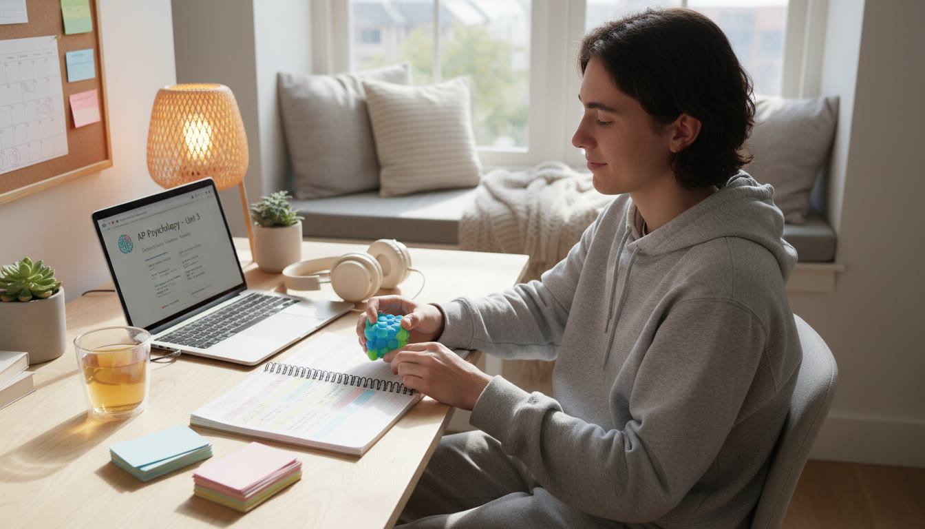 Photo Idea : A calm, well-lit study nook with a student using a textured fidget, color-coded notes, and a laptop open to an AP subject. The scene should feel organized and welcoming, showing sensory-friendly study tools.