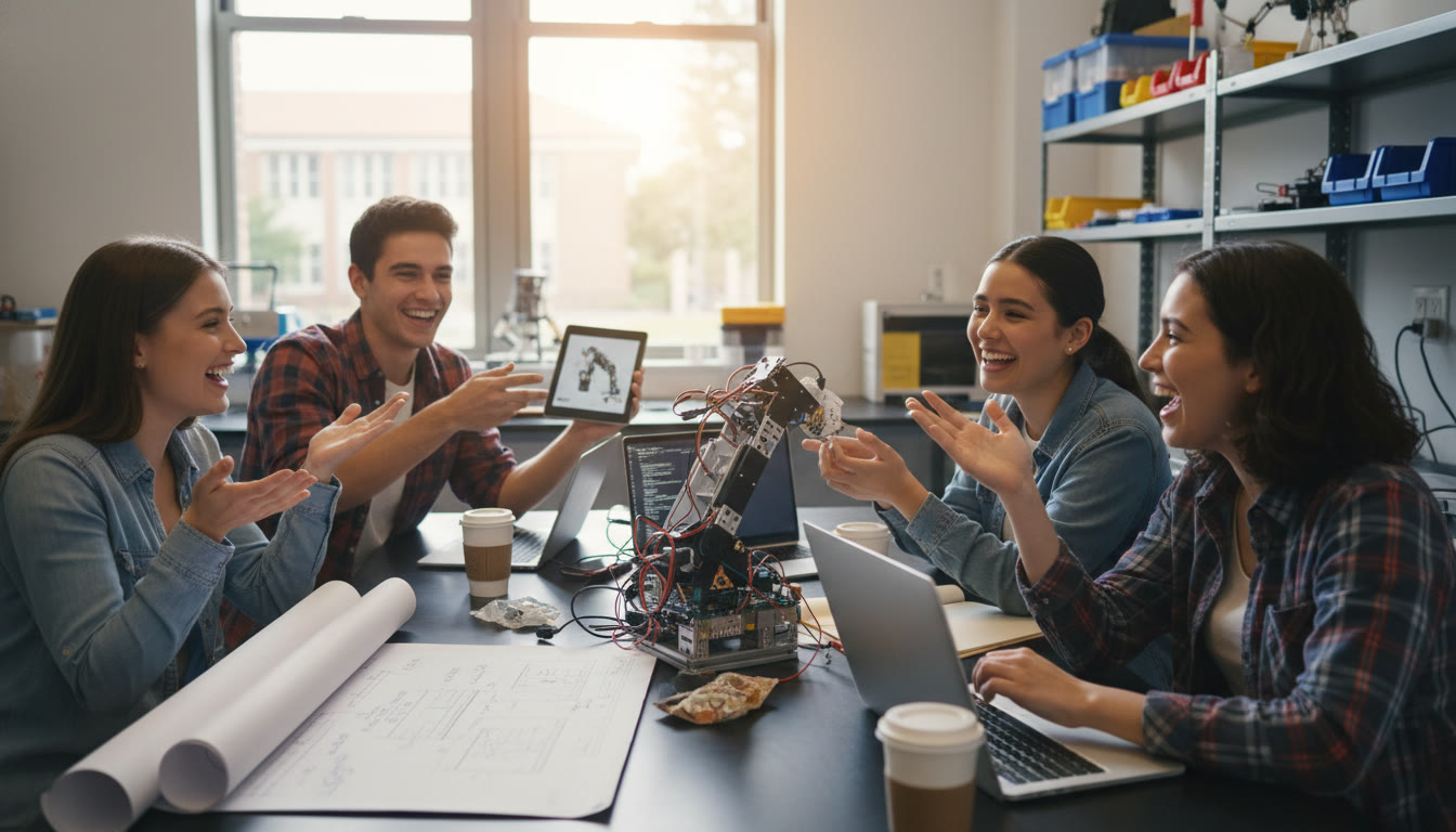 Photo Idea : A candid shot of a small student team collaborating on a hands-on engineering or research project—blueprints, laptops, and prototypes visible—demonstrating the real-world application of AP study and the bridge to college-level work. Place later in the article near the sections about capstones and projects.