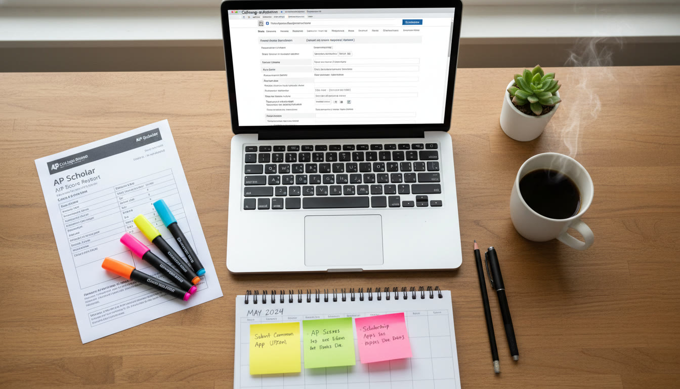 Photo Idea : Flat-lay image of a student’s desk with a laptop open to an application form, an AP score report printout, colored highlighters, and a sticky-note calendar—emphasizes organization and the document-driven nature of the process.