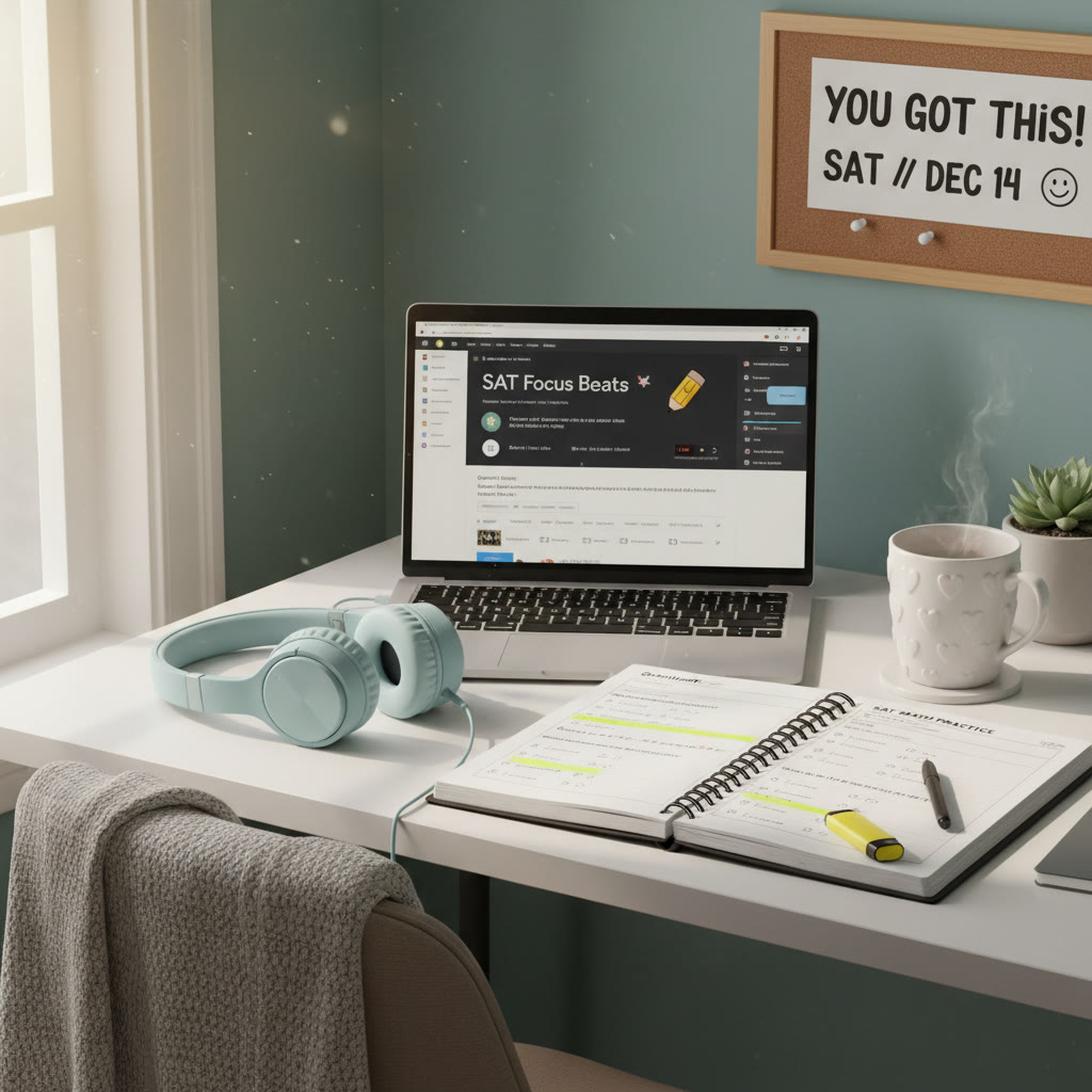 Cozy study desk with headphones, laptop, and a notebook open to SAT practice questions—suggests a calm study environment and playlist at the ready.
