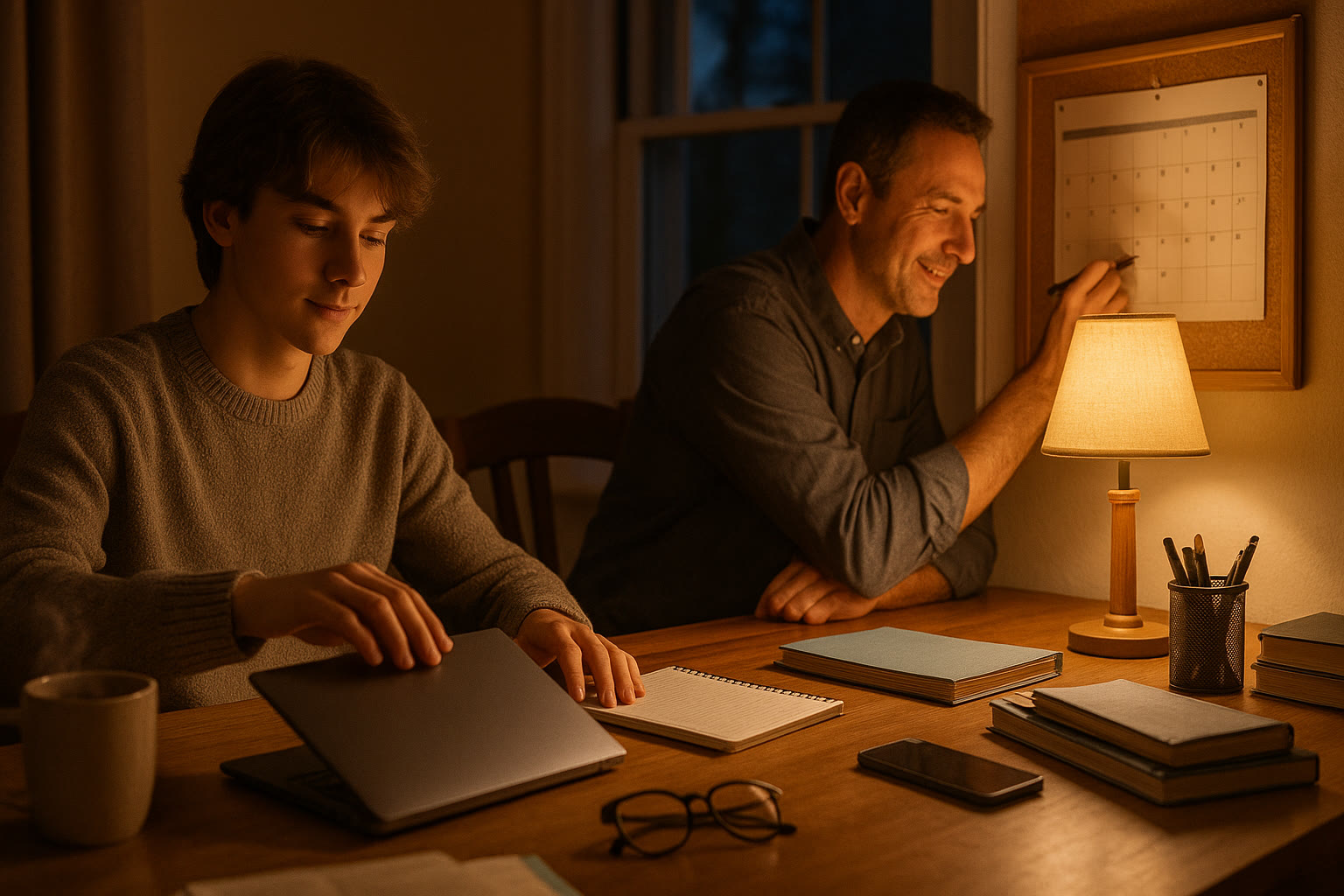 Photo Idea : A cozy evening scene where a teen is closing a laptop and reaching for a notebook, with a parent nearby marking a calendar. Warm tones, a sense of routine and teamwork.
