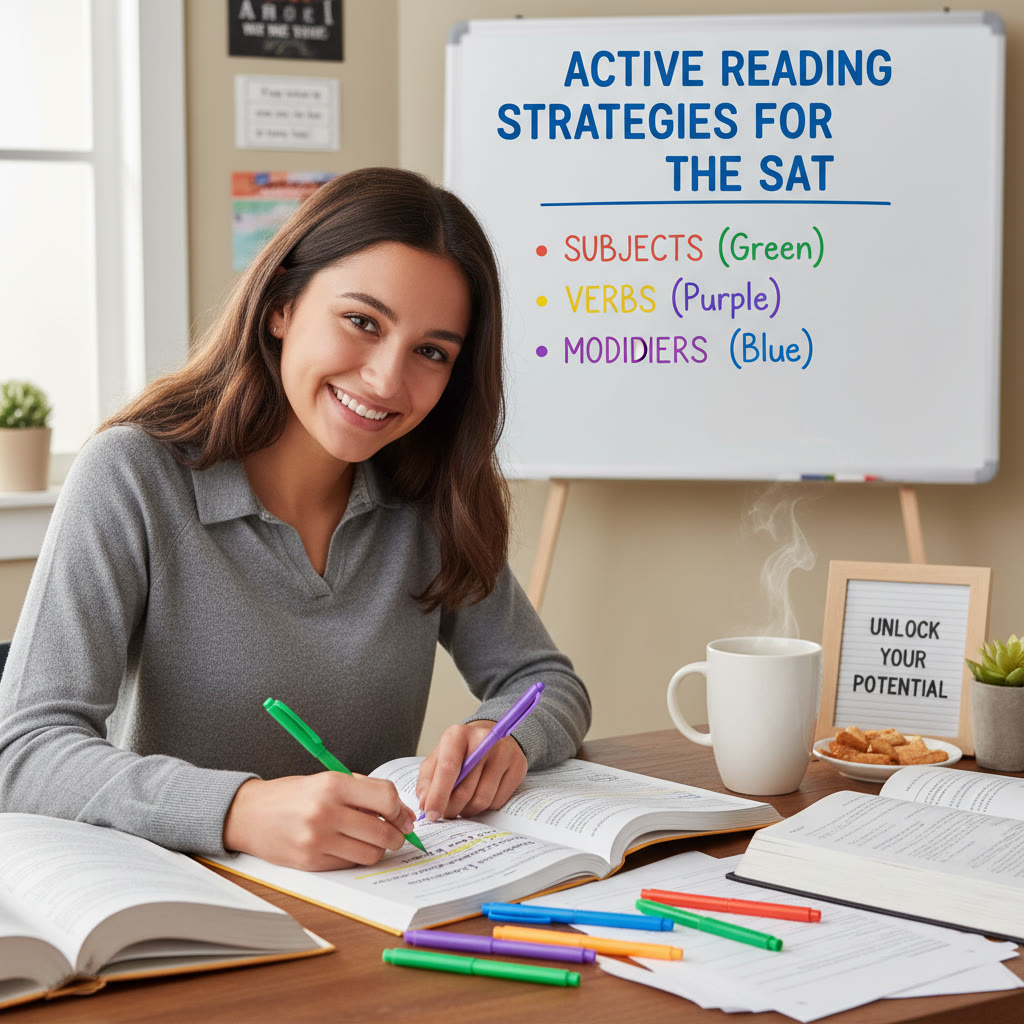 Illustration of a student annotating a passage with different colored pens to mark subjects, verbs, and modifiers โ shows active reading strategies.